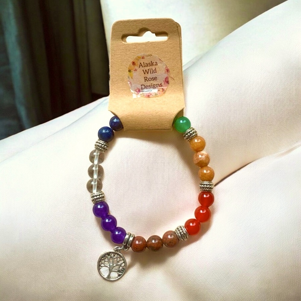 Chakra Tree of Life Natural Stone Beaded Bracelet & instruction definitioc card - Picture 4 of 5